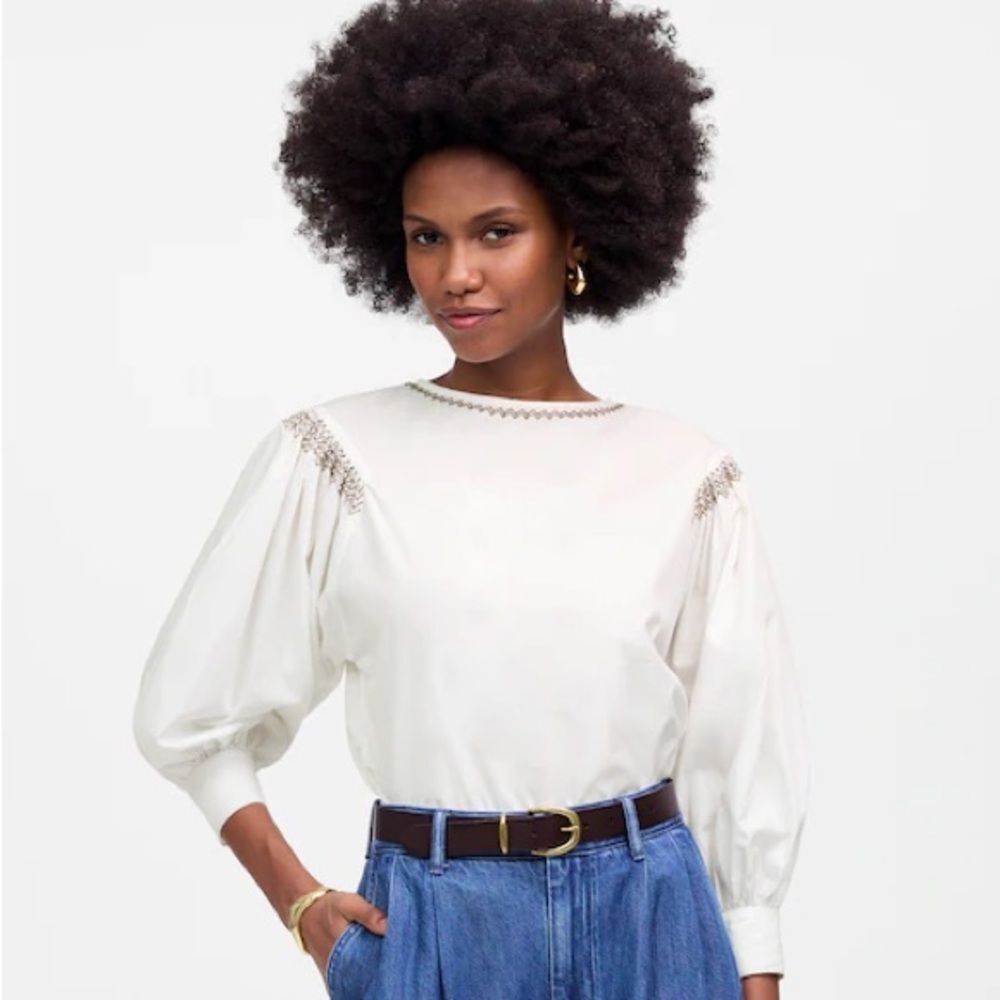 Madewell NWT Embroidered Poplin Balloon-Sleeve Top Size Large in White
